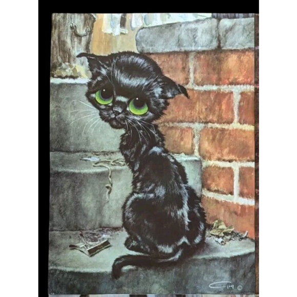 Unbranded Other - Vintage Black Cat Big Eye Pity Kitty Cat Big Sad Eyes Print 10"x14" Unframed